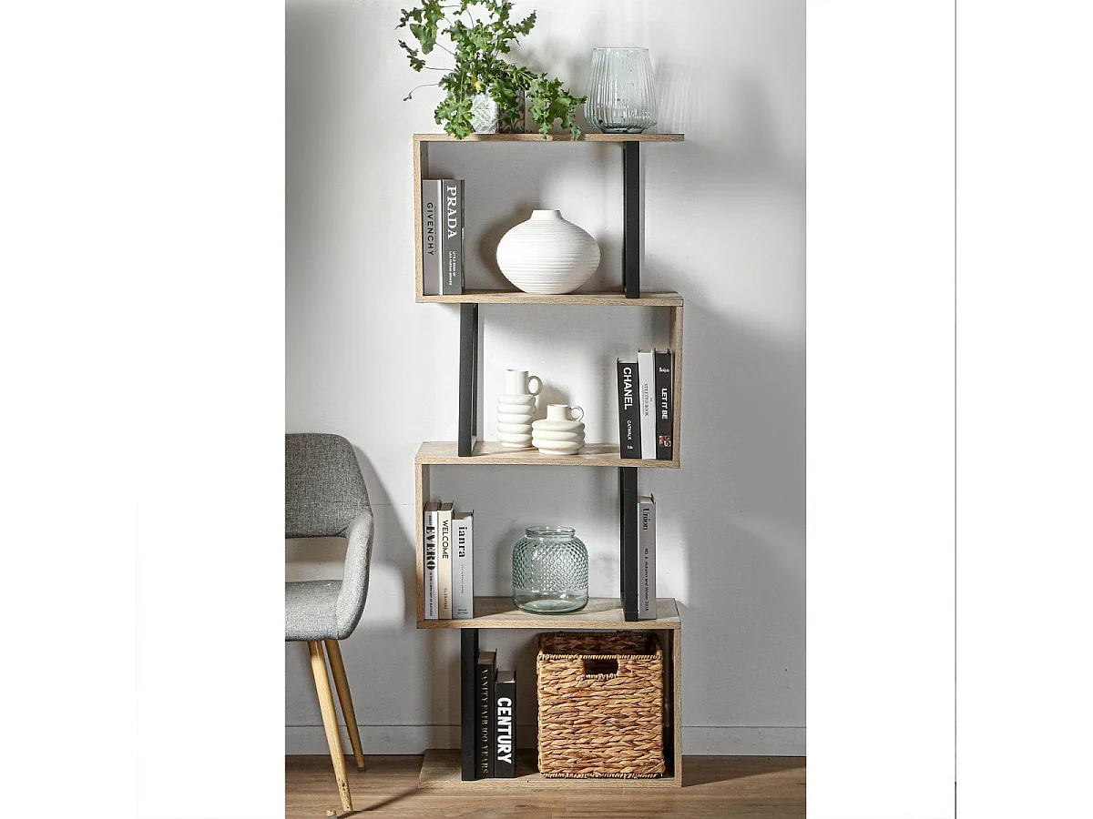 Boekenkast met 4 Niveaus en Houten Decor en Metalen Staanders - H148cm