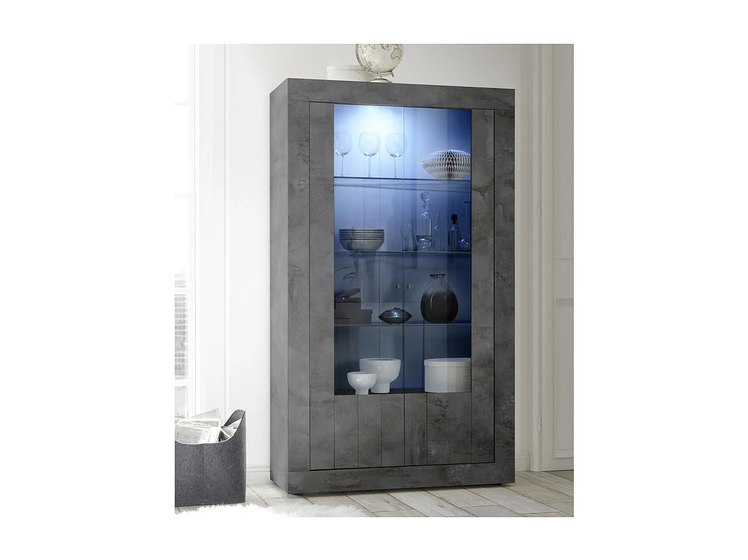 Vitrine 2 portes Béton ciré foncé à LEDs - LUBIO