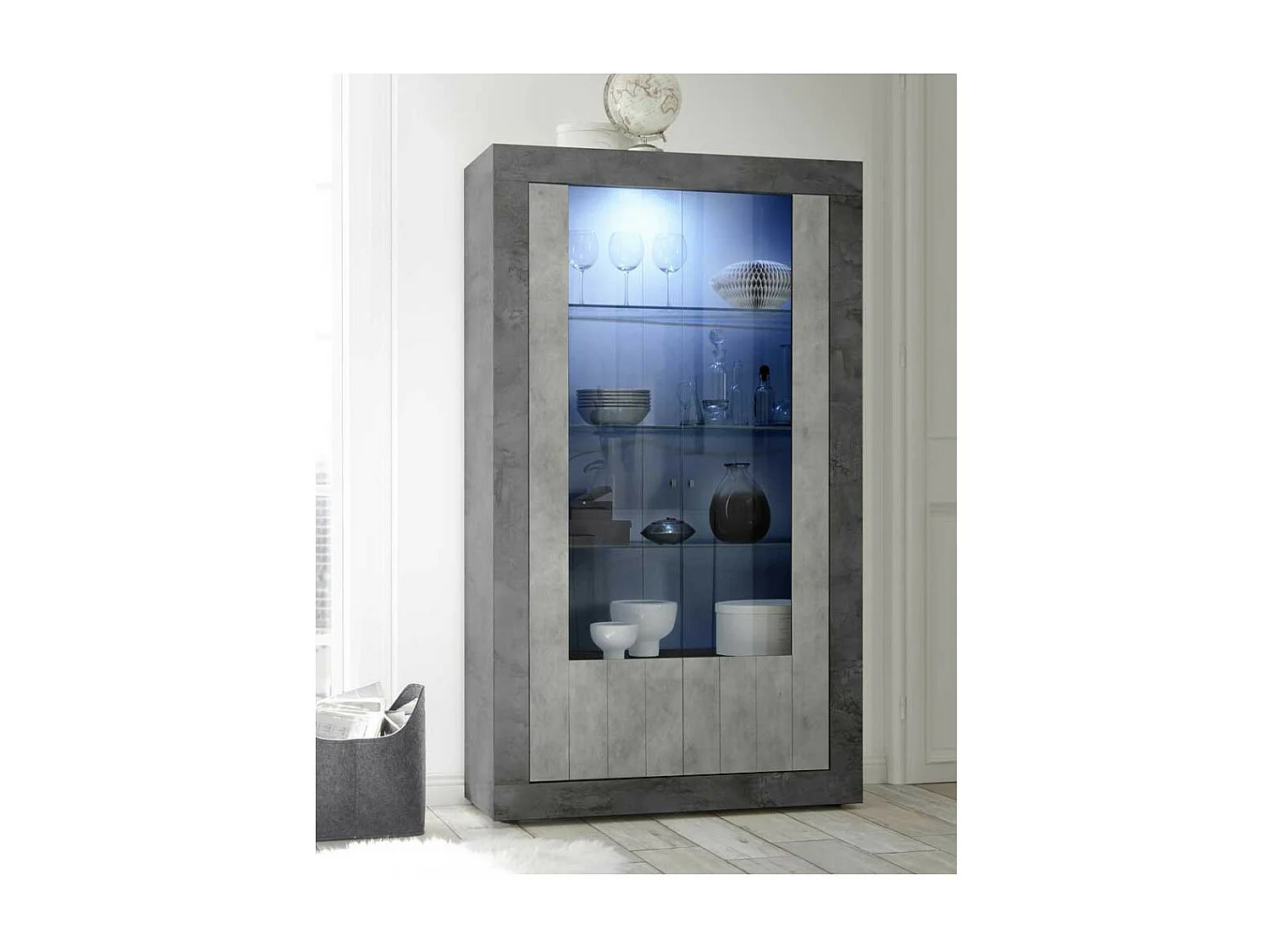 Vitrine 2 portes Béton ciré foncé/clair à LEDs - LUBIO n°2