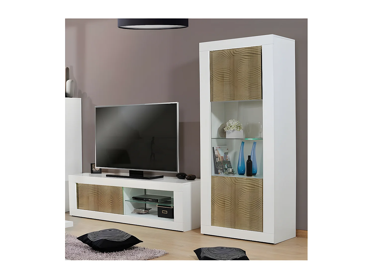 Vitrine 1 porte Blanc/Chêne clair à LEDs - MARKS