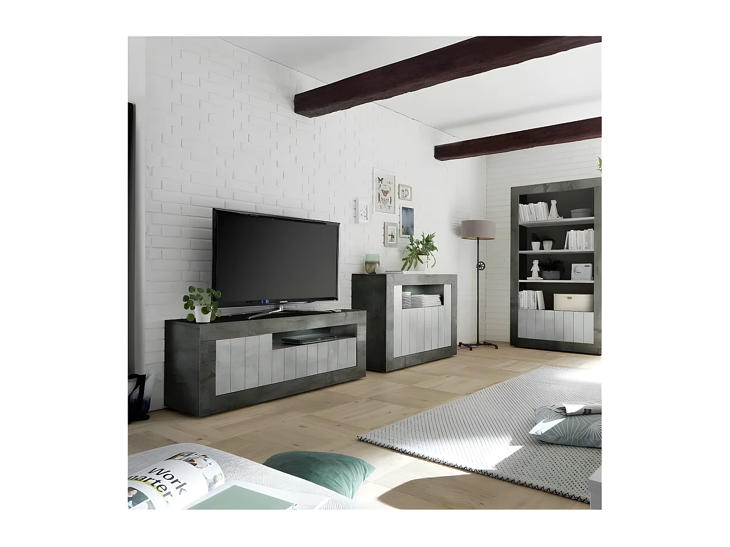 Meuble TV 3 portes Béton ciré foncé/clair - LUBIO n°2