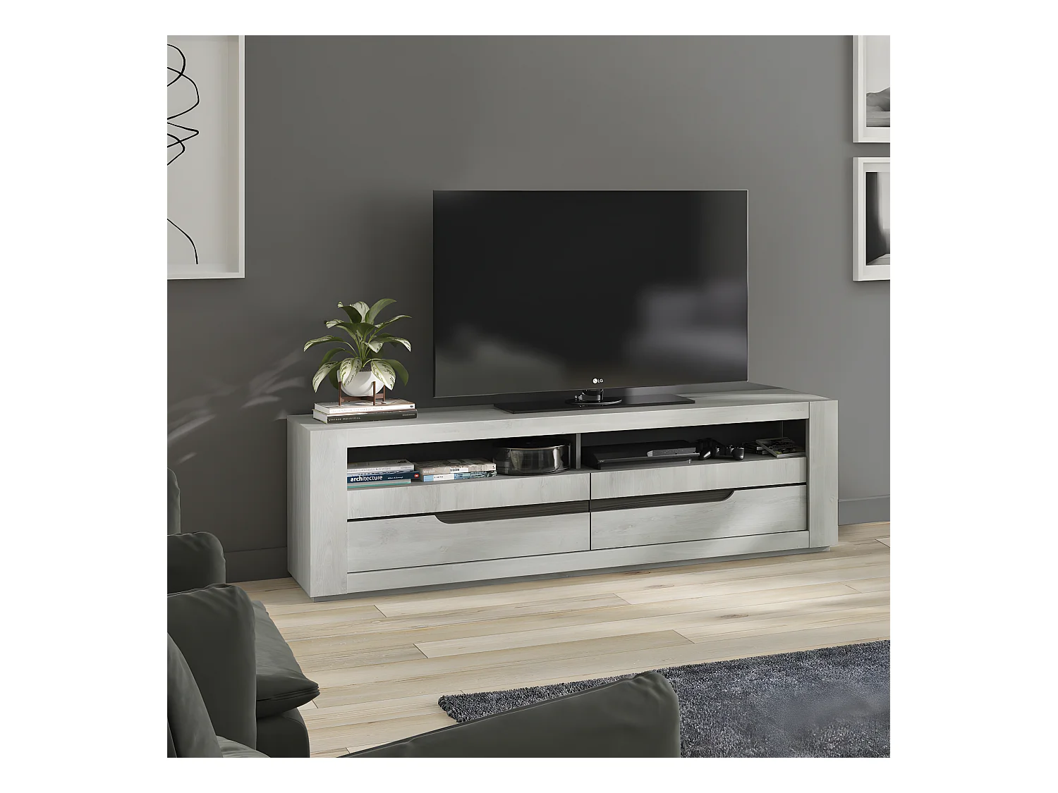 Meuble TV 2 tiroirs Chêne Gris Clair - JEANNETTE