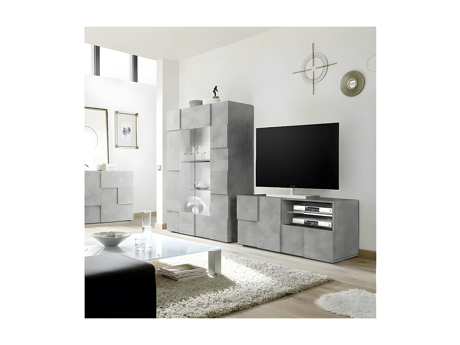 Meuble TV 1 porte 1 tiroir Béton ciré clair - TICATO