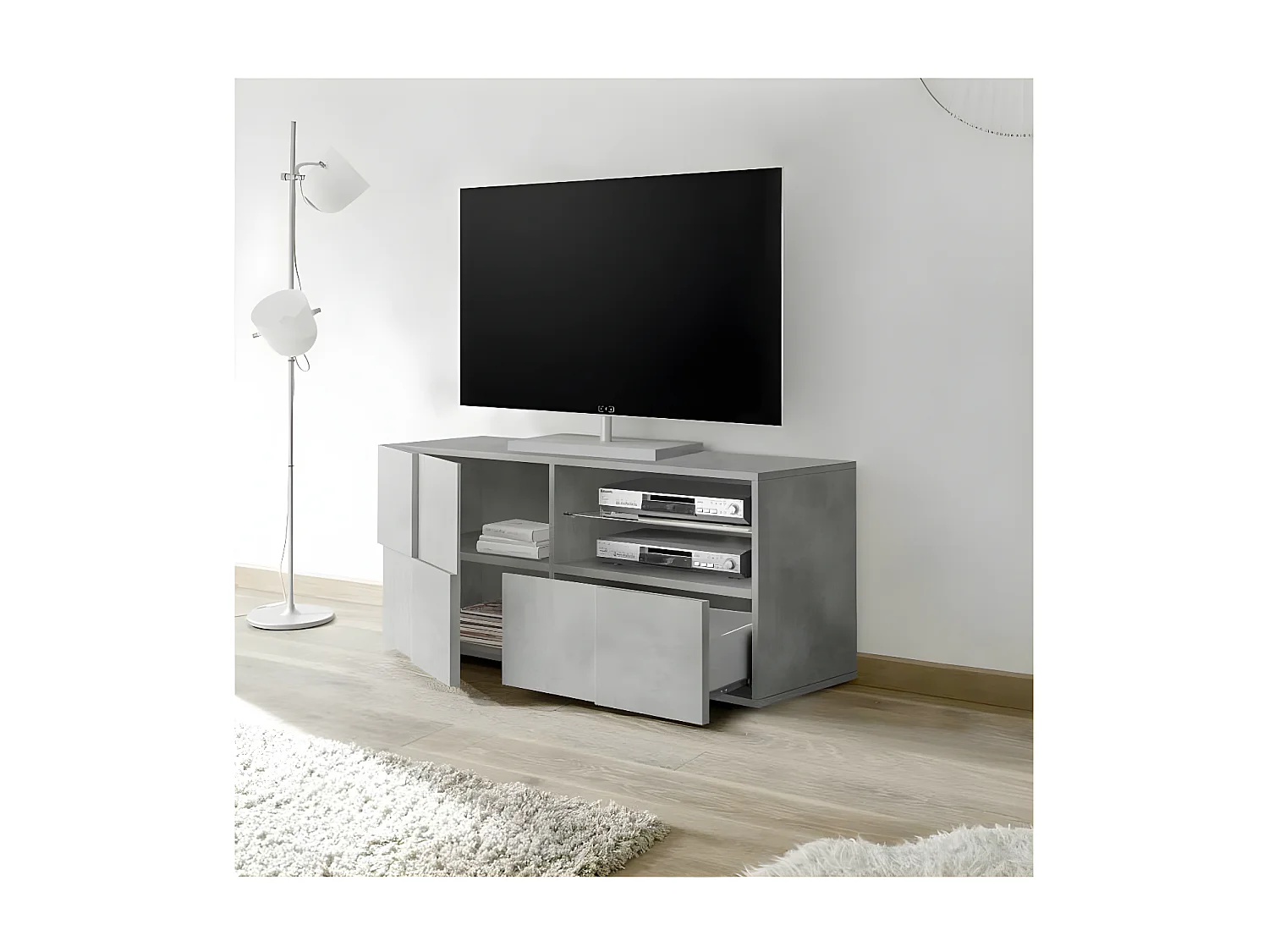 Meuble TV 1 porte 1 tiroir Béton ciré clair - TICATO