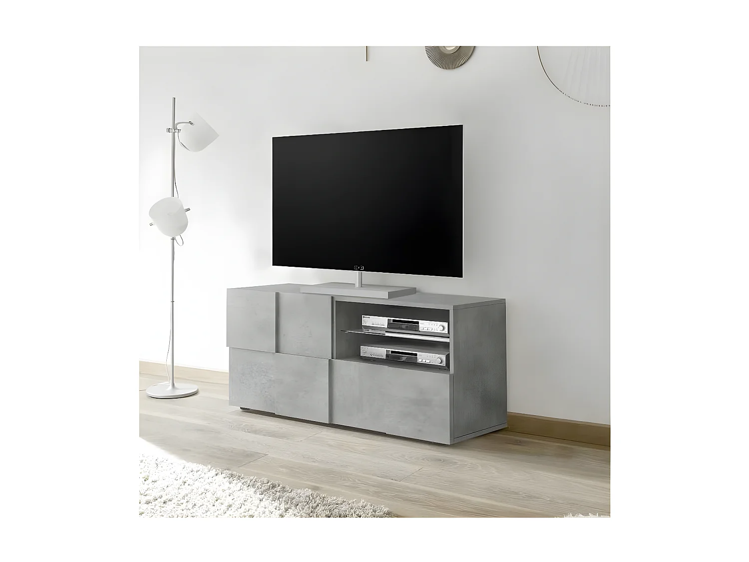 Meuble TV 1 porte 1 tiroir Béton ciré clair - TICATO