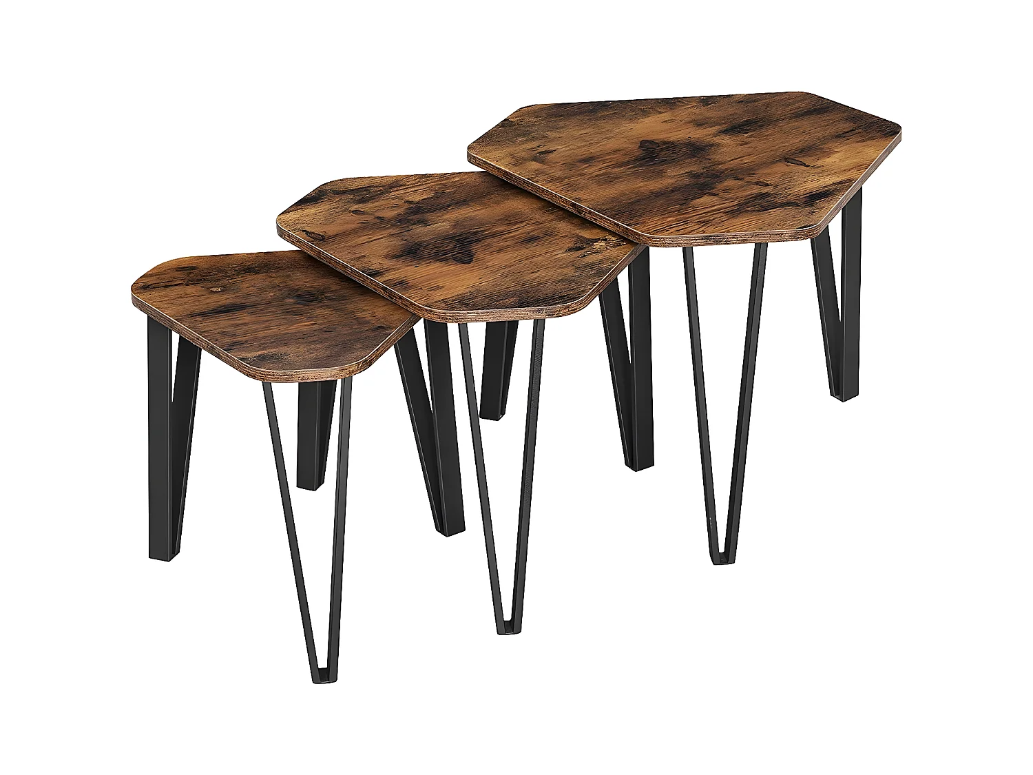 Set aus 3 Gigognes Tischen mit Stahlbeinen und rustikalem Holzdekor
