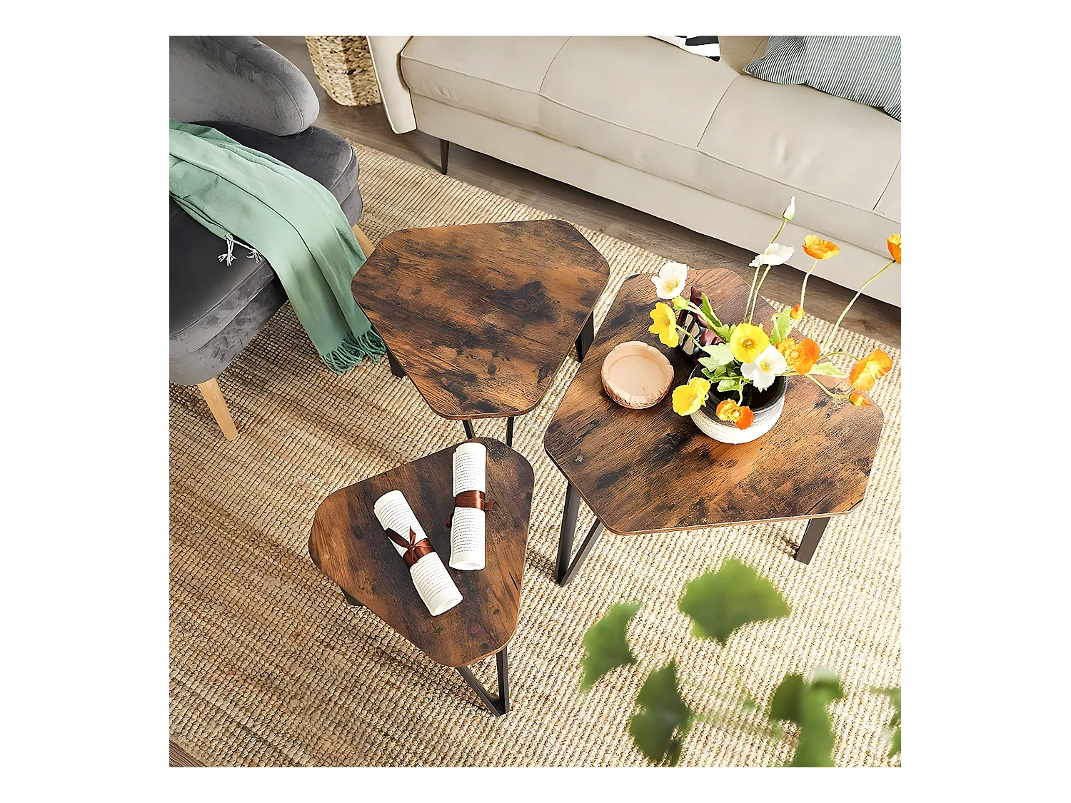 Set aus 3 Gigognes Tischen mit Stahlbeinen und rustikalem Holzdekor