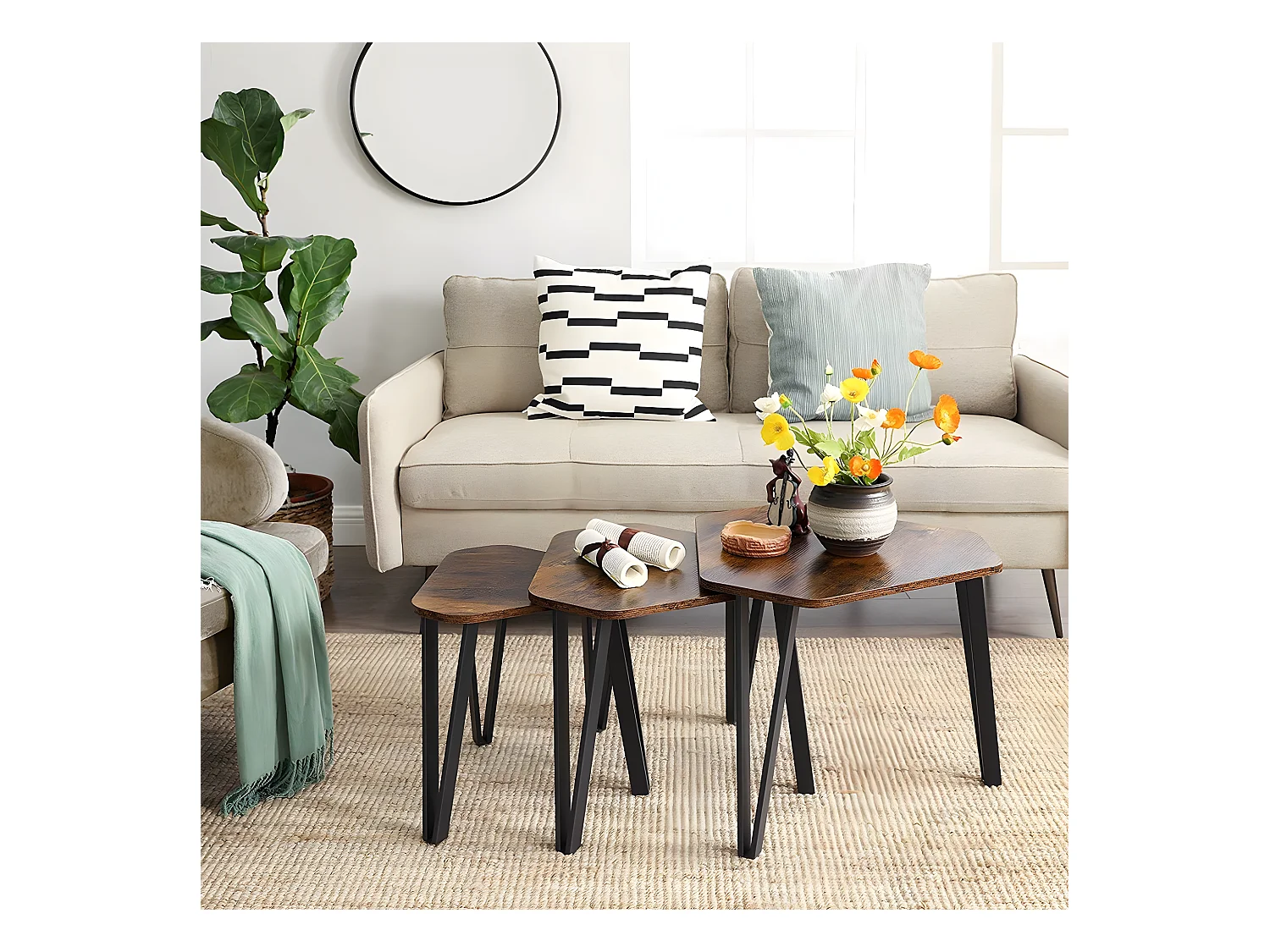 Set aus 3 Gigognes Tischen mit Stahlbeinen und rustikalem Holzdekor