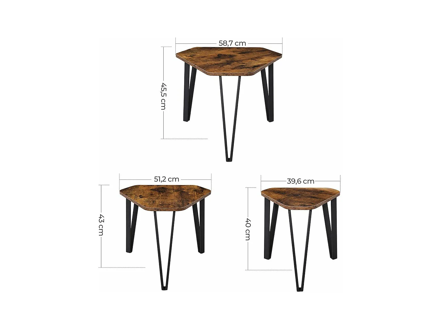 Set aus 3 Gigognes Tischen mit Stahlbeinen und rustikalem Holzdekor
