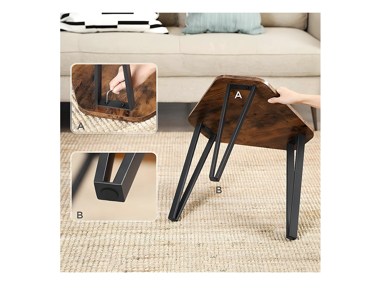 Set aus 3 Gigognes Tischen mit Stahlbeinen und rustikalem Holzdekor