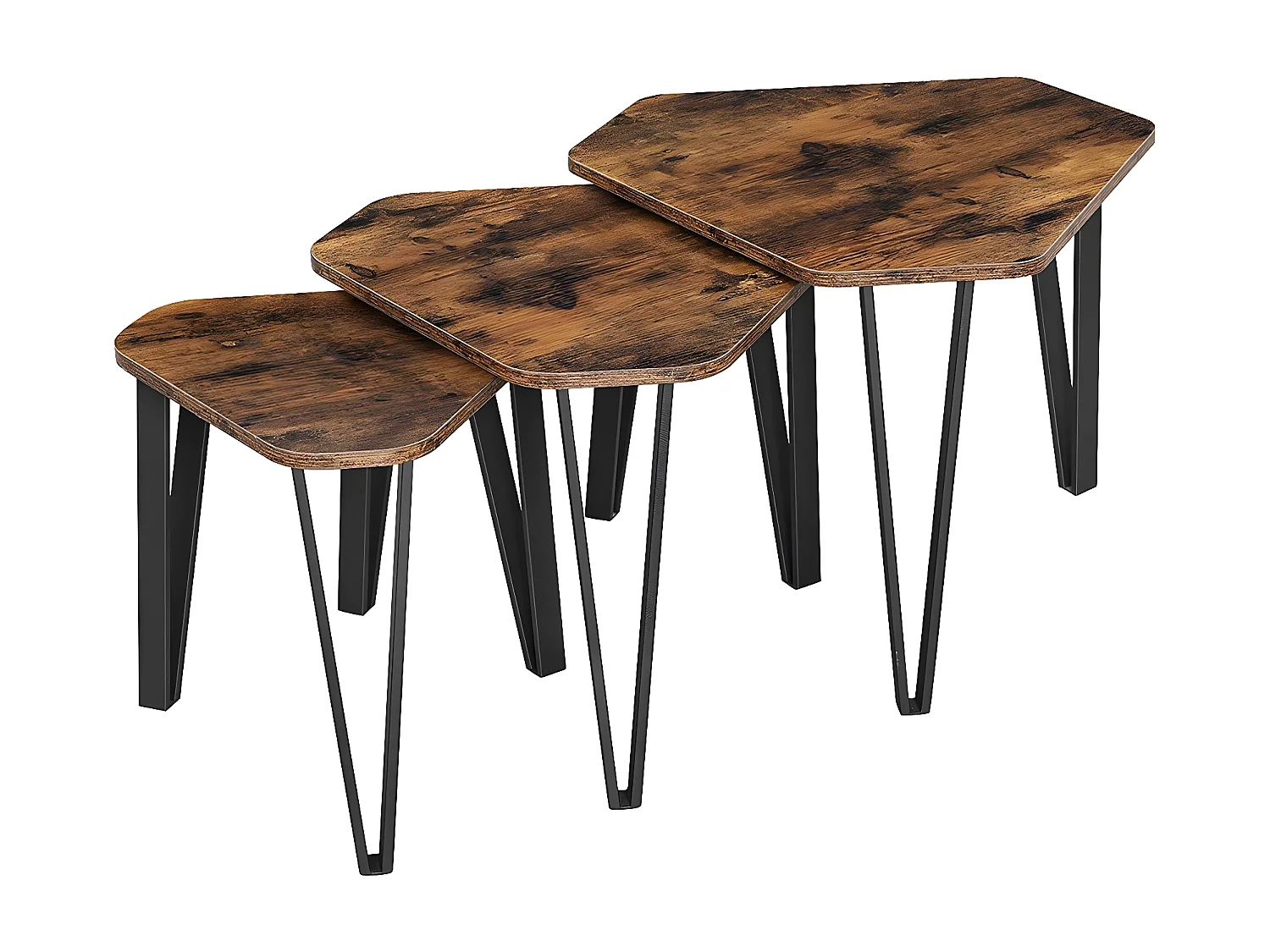Lot de 3 tables gigognes avec pieds en acier et décor bois rustique