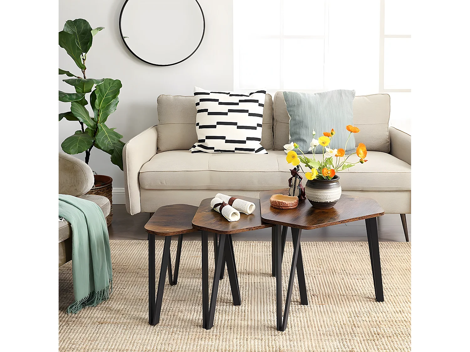 Lot de 3 tables gigognes avec pieds en acier et décor bois rustique