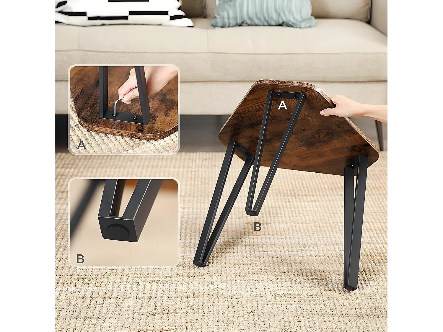 Lot de 3 tables gigognes avec pieds en acier et décor bois rustique