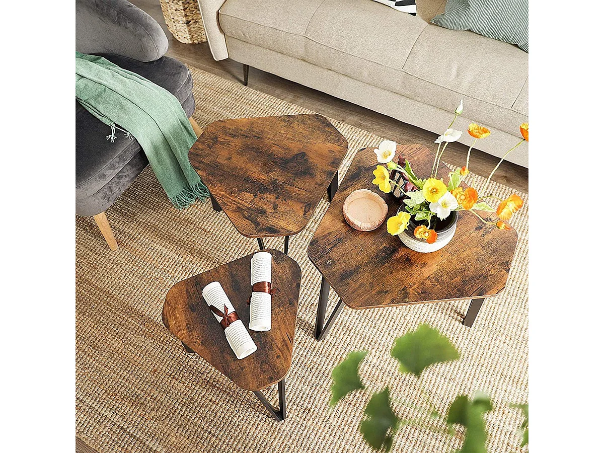 Lot de 3 tables gigognes avec pieds en acier et décor bois rustique