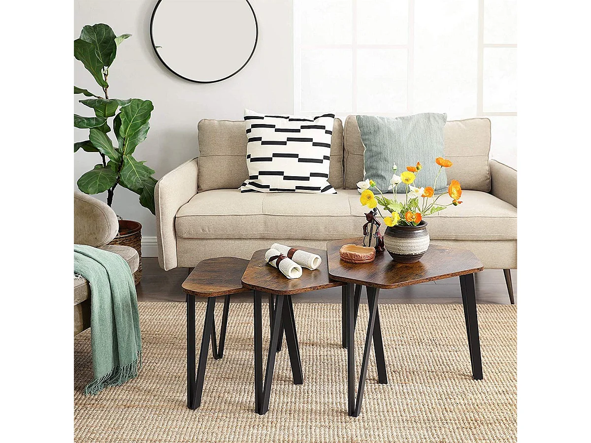 Lot de 3 tables gigognes avec pieds en acier et décor bois rustique