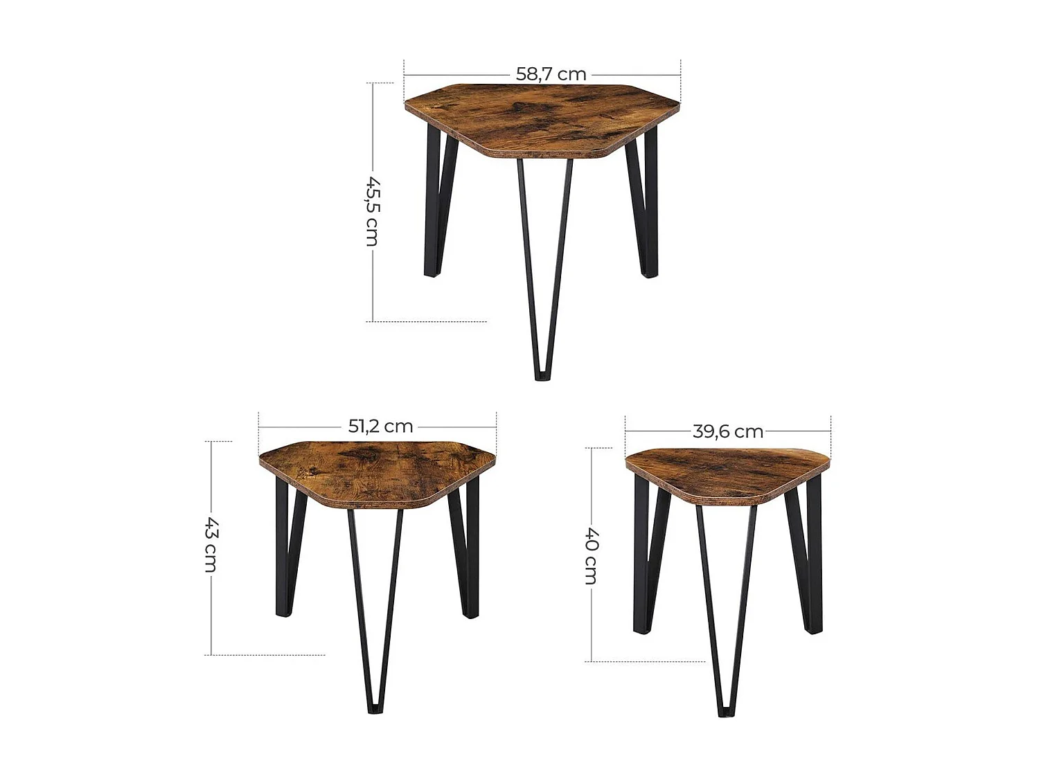 Lot de 3 tables gigognes avec pieds en acier et décor bois rustique