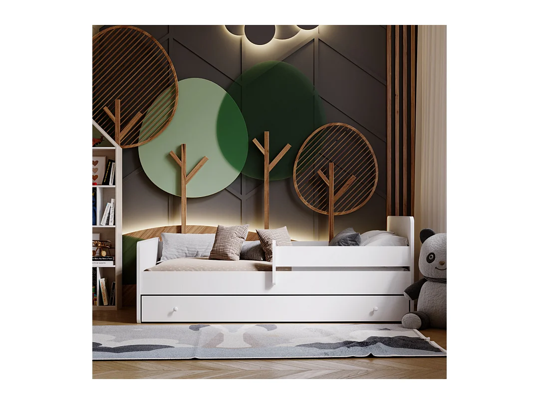 Lit d'enfant Complet 70x140 cm MAX sommier, barrièreères, tiroir, matelas pour Filles garçons lit Simple - BLANC