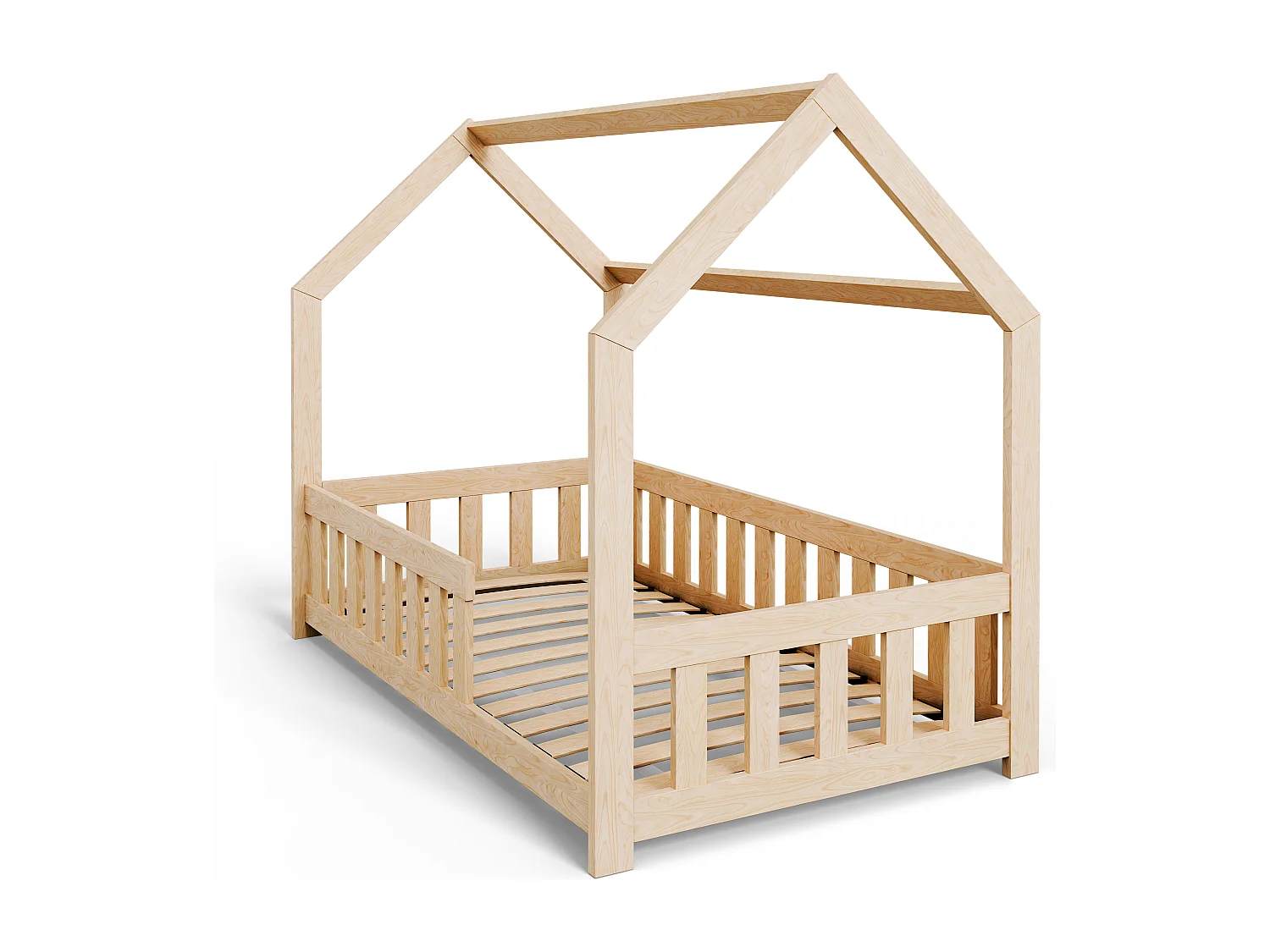 DUBI - Lit cabane pour enfant 80 x 160 cm naturel avec sommier, barrières de sécurité et matelas