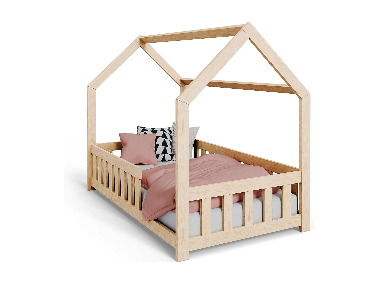DUBI - Lit cabane pour enfant 80 x 160 cm naturel avec sommier, barrières de sécurité et matelas