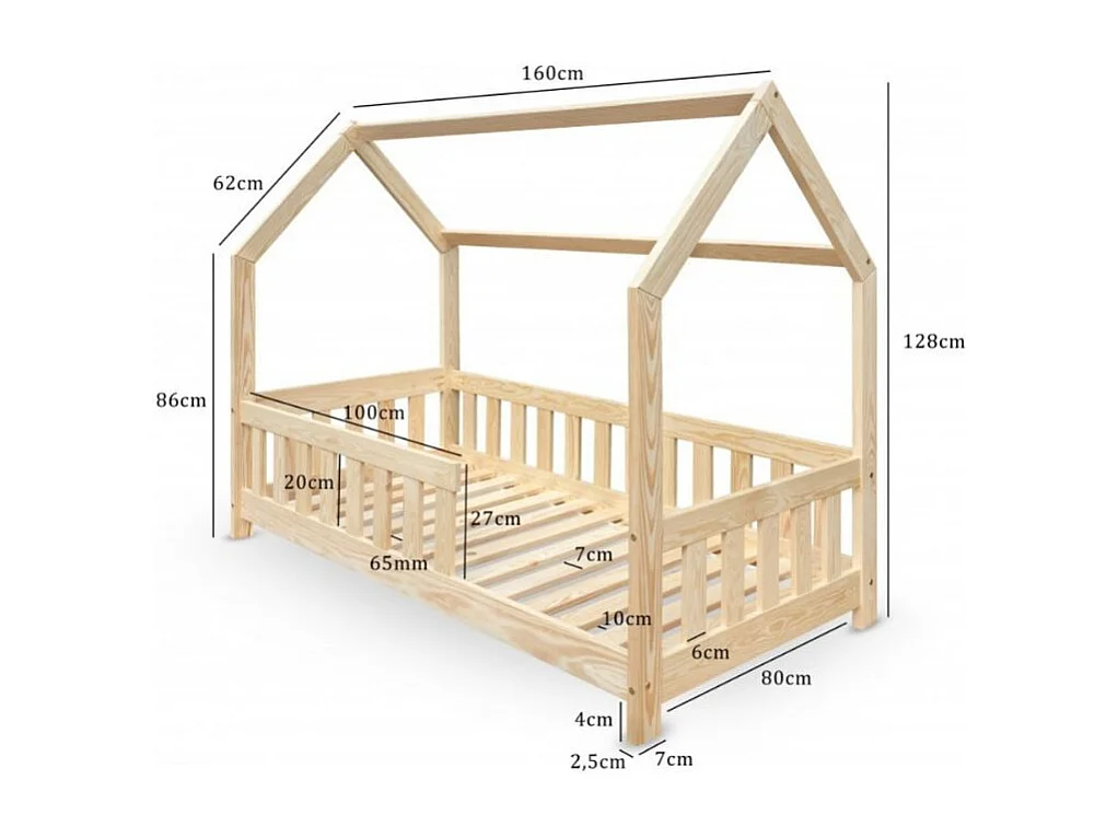 DUBI - Lit cabane pour enfant 80 x 160 cm naturel avec sommier, barrières de sécurité et matelas
