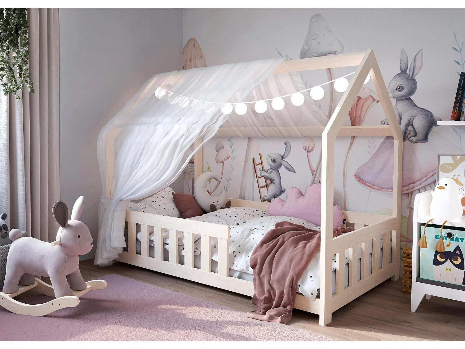 DUBI - Lit cabane pour enfant 80 x 160 cm naturel avec sommier, barrières de sécurité et matelas