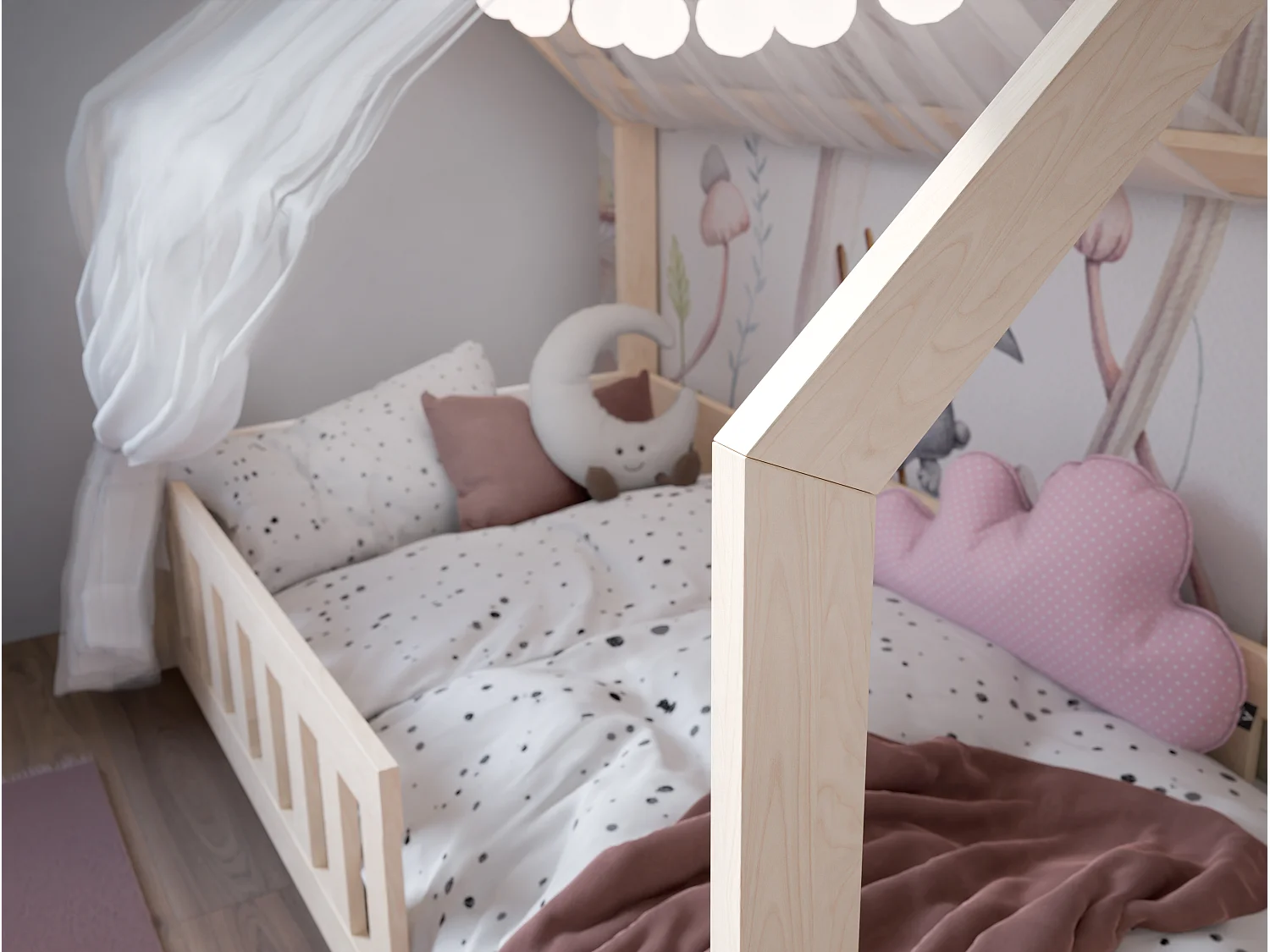 DUBI - Lit cabane pour enfant 80 x 160 cm naturel avec sommier, barrières de sécurité et matelas