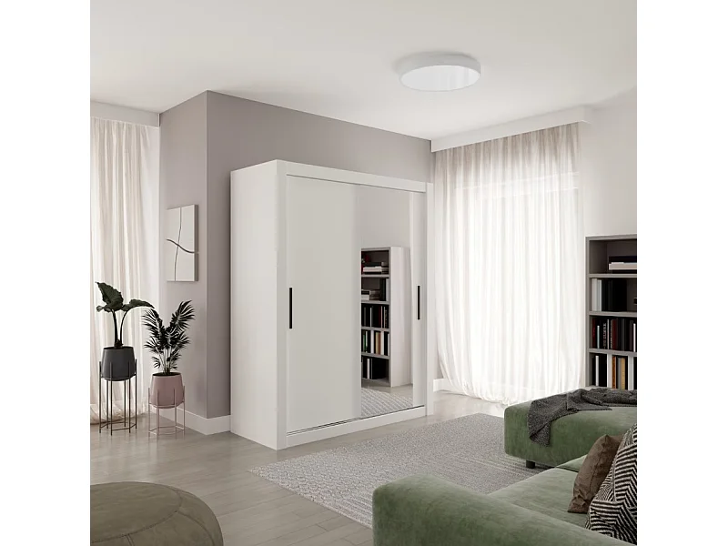 Armadio Rudi (160 cm)/Ante scorrevoli/Specchio/Bianco