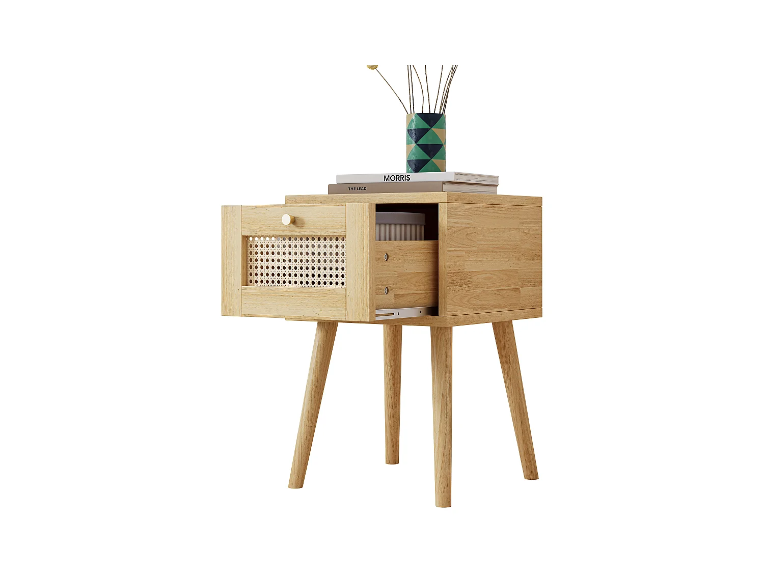 Klassischer Nachttisch mit einer Schublade, Rattanplatte, mit goldenem Metallgriff