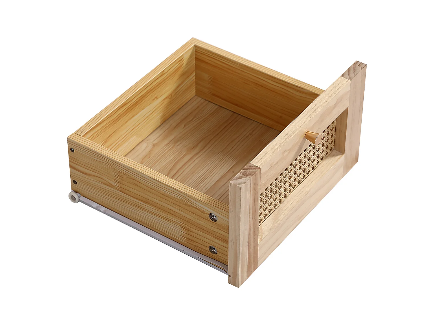 Klassischer Nachttisch mit einer Schublade, Rattanplatte, mit goldenem Metallgriff