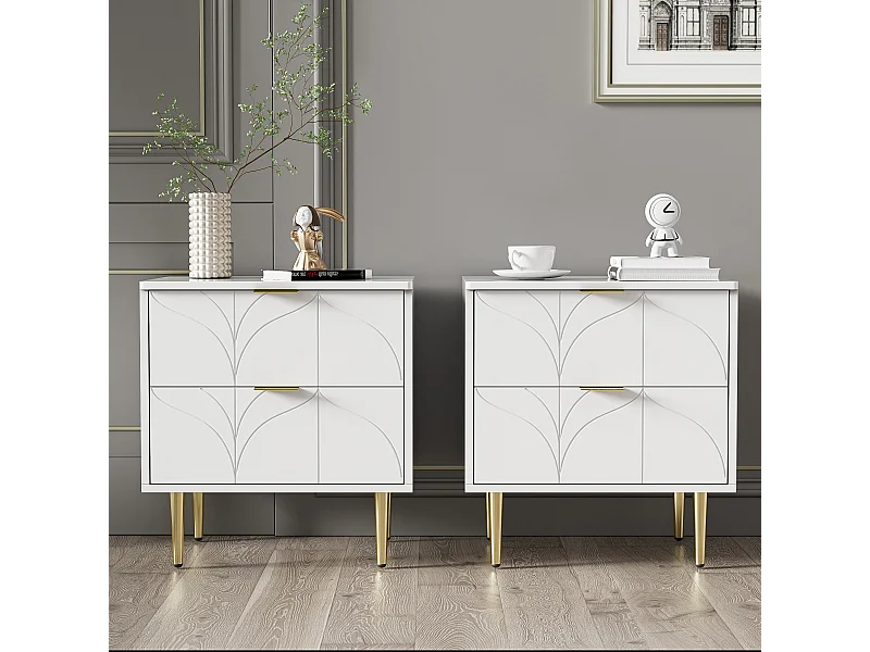 Modern nachtkastje met vergulde poten en knoppen, bloemenpatroon, 50B x ​​40D x 54H cm, wit