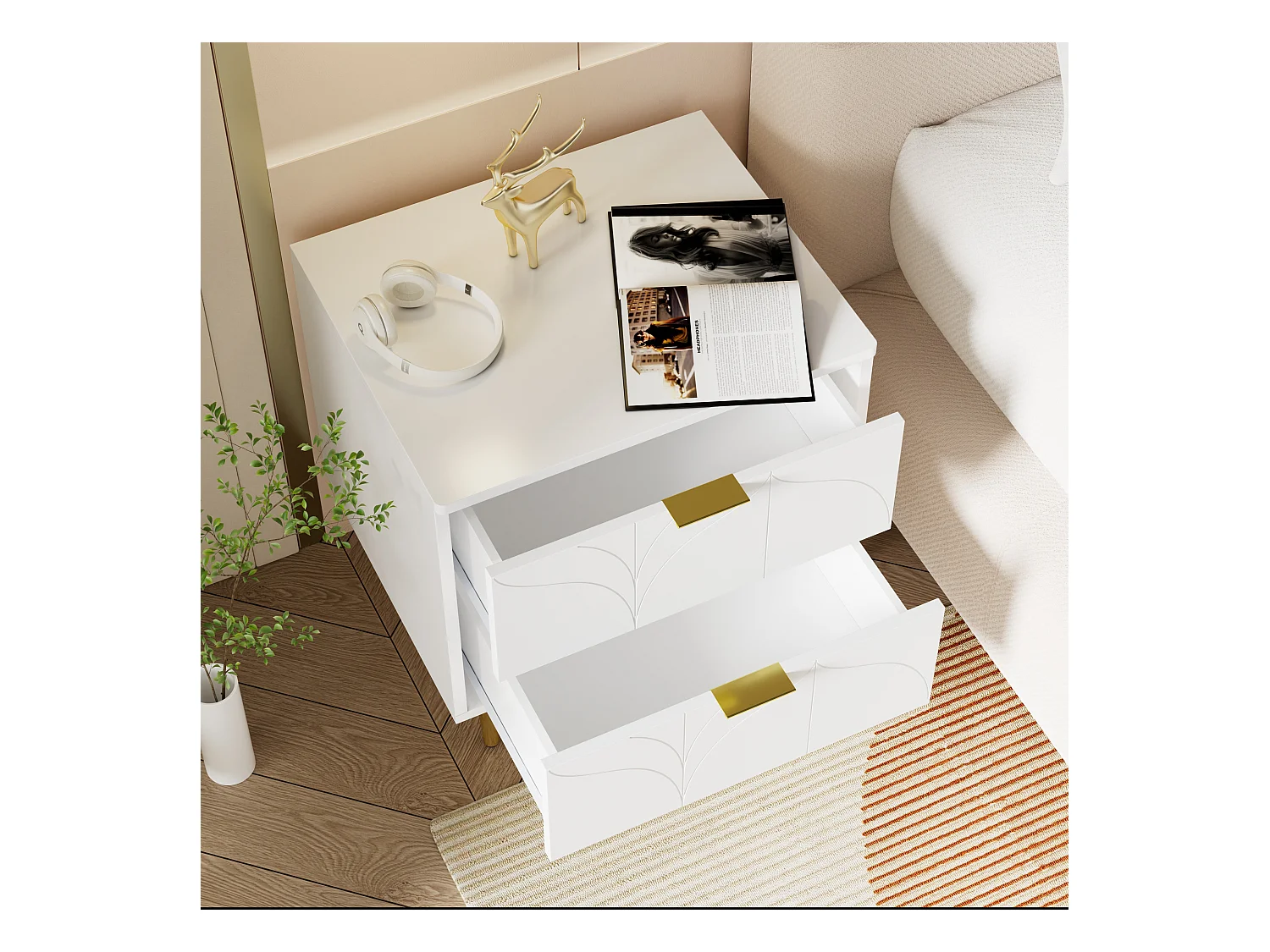 Table de chevet moderne avec pieds et boutons plaqués or,motif floral,50L*40P*54H cm,blanc