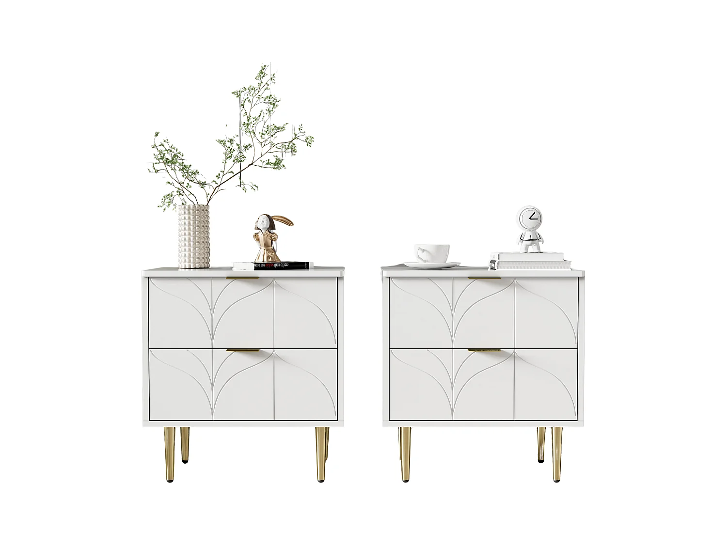 Table de chevet moderne avec pieds et boutons plaqués or,motif floral,50L*40P*54H cm,blanc