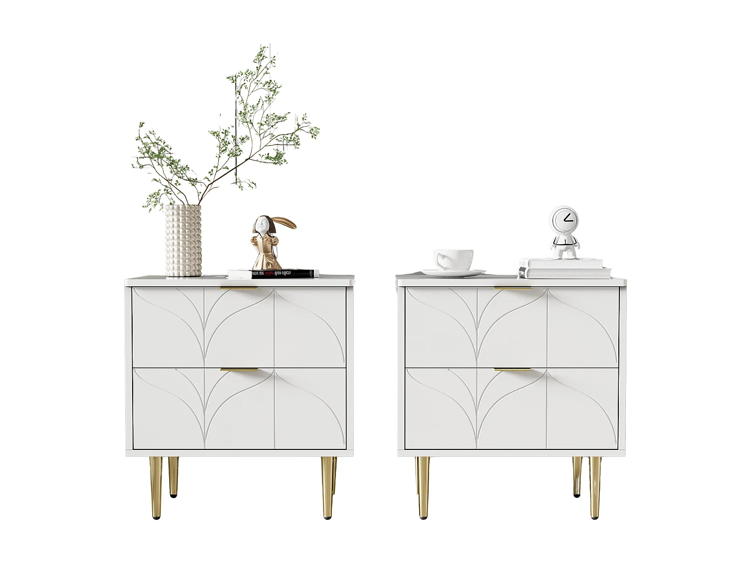 Table de chevet moderne avec pieds et boutons plaqués or,motif floral,50L*40P*54H cm,blanc