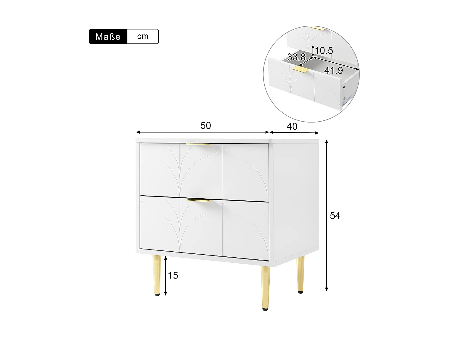 Table de chevet moderne avec pieds et boutons plaqués or,motif floral,50L*40P*54H cm,blanc