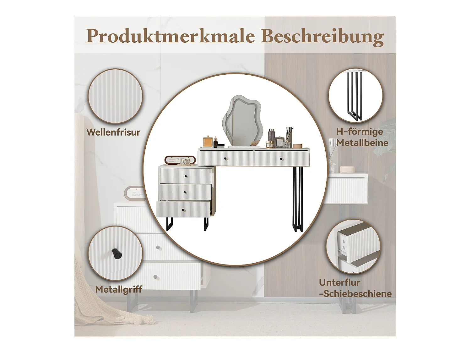 Kosmetiktisch-Set mit Spiegel und Beleuchtung, ausziehbarer Platte, LED-Beleuchtung