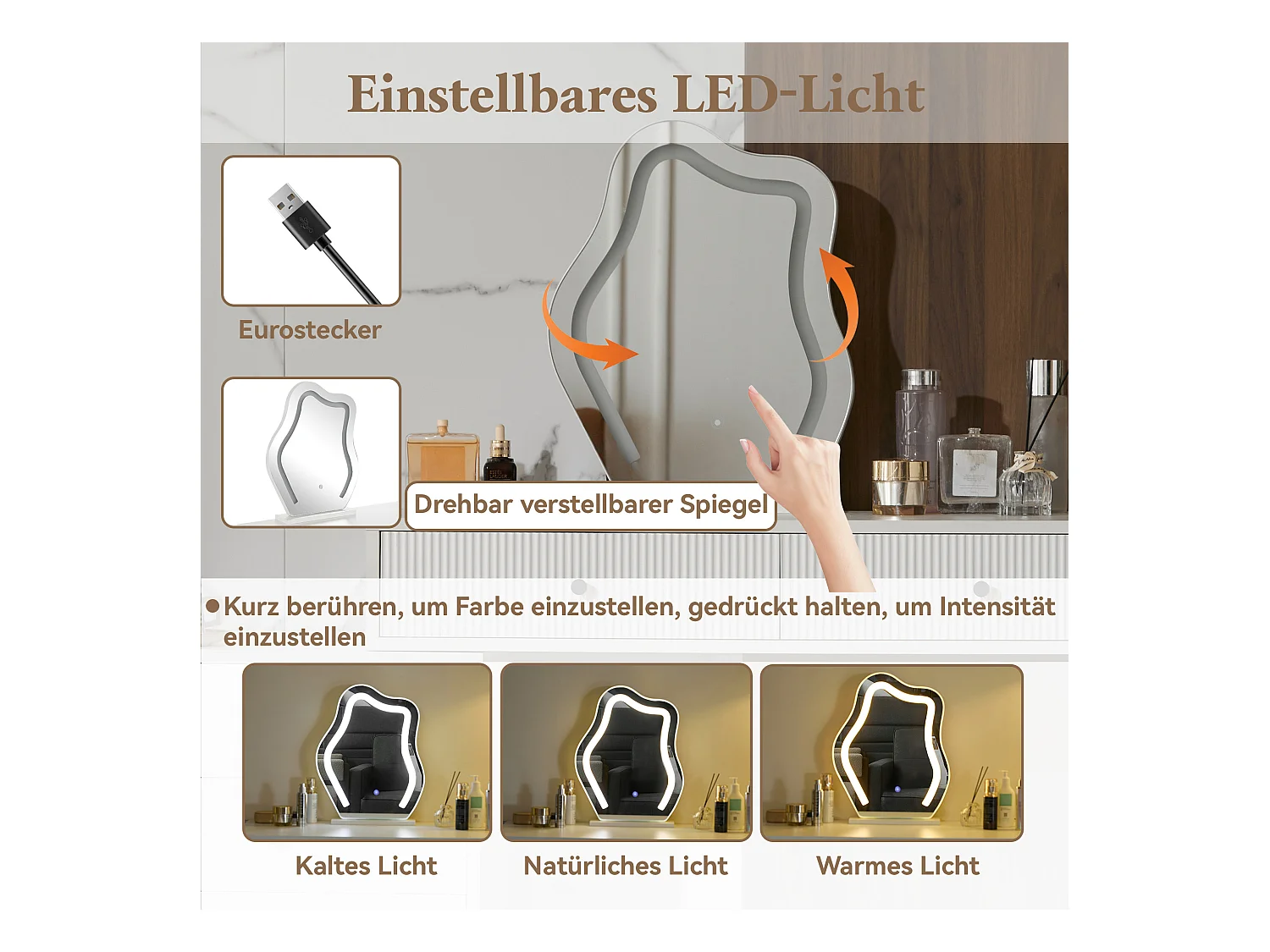 Kosmetiktisch-Set mit Spiegel und Beleuchtung, ausziehbarer Platte, LED-Beleuchtung