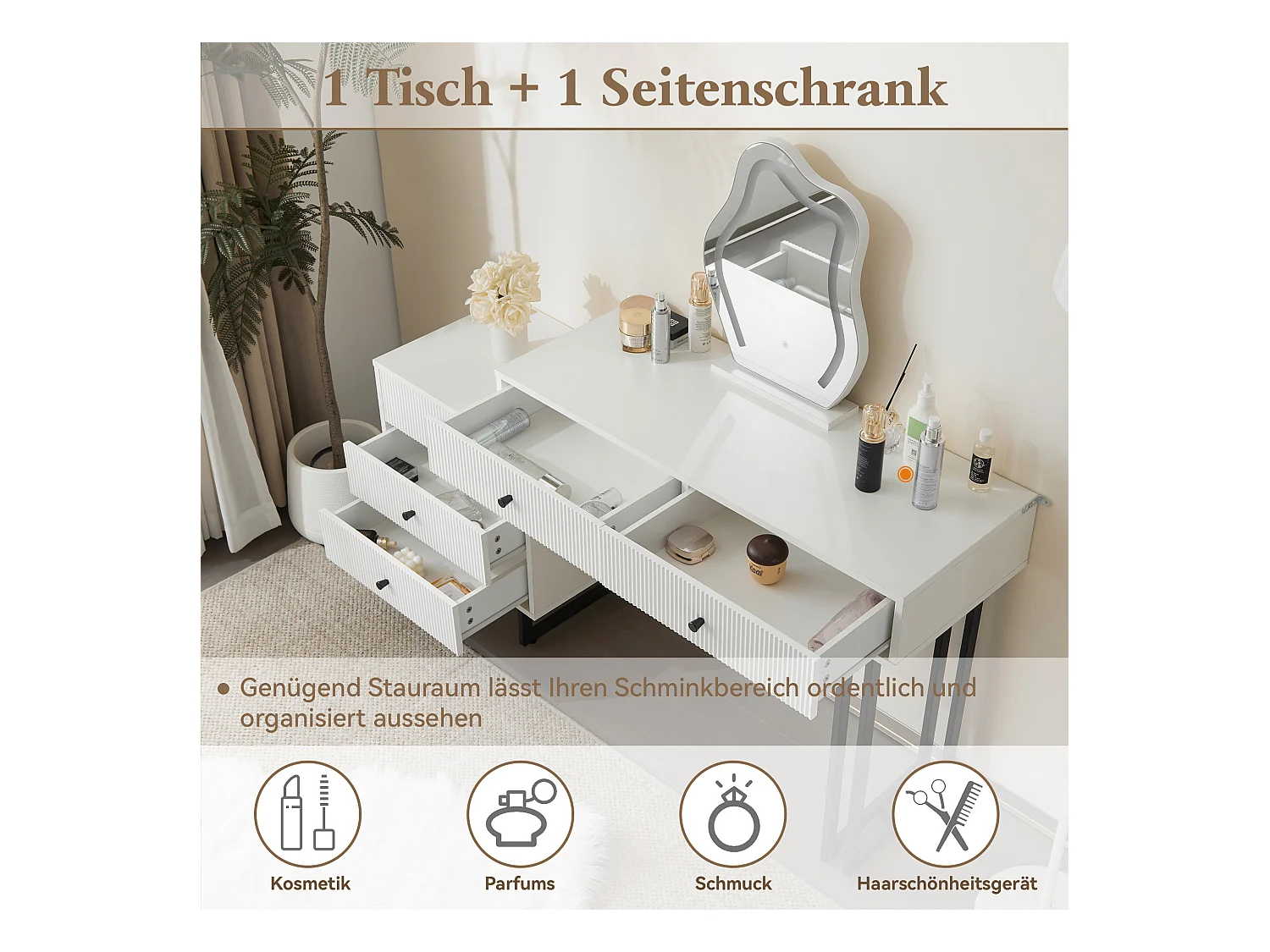 Kosmetiktisch-Set mit Spiegel und Beleuchtung, ausziehbarer Platte, LED-Beleuchtung