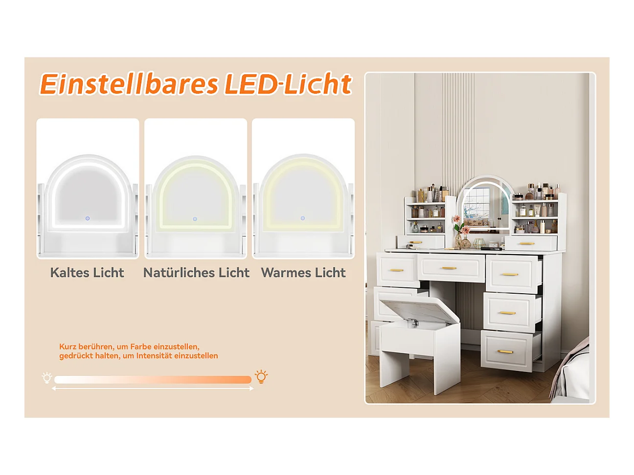 Tocador con espejo, tocadores con iluminación LED, con 9 cajones, tocador blanco