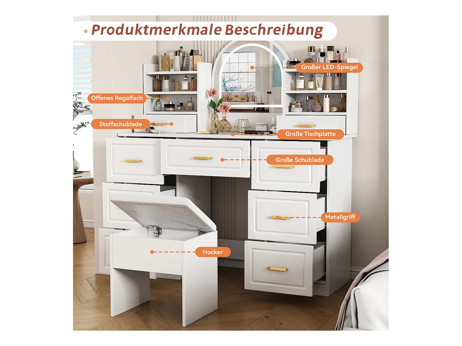 Tocador con espejo, tocadores con iluminación LED, con 9 cajones, tocador blanco