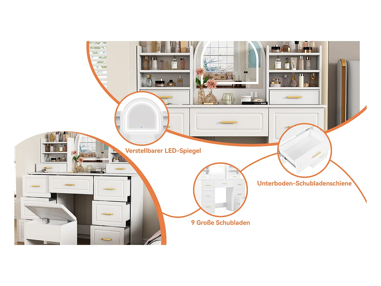 Tocador con espejo, tocadores con iluminación LED, con 9 cajones, tocador blanco