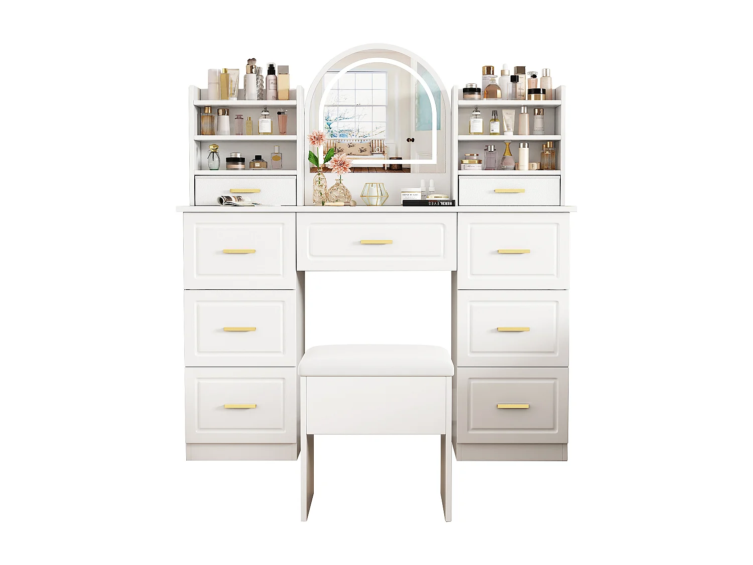 Coiffeuse avec miroir,coiffeuses avec éclairage LED,avec 9 tiroirs,coiffeuse,blanche