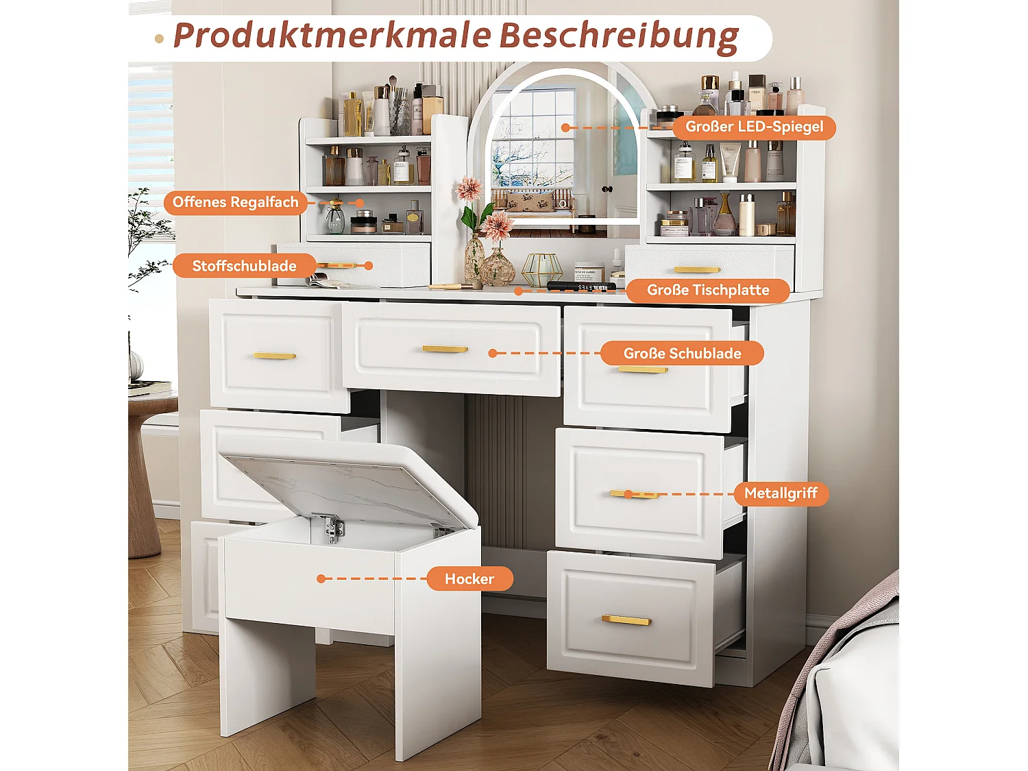 Coiffeuse avec miroir,coiffeuses avec éclairage LED,avec 9 tiroirs,coiffeuse,blanche