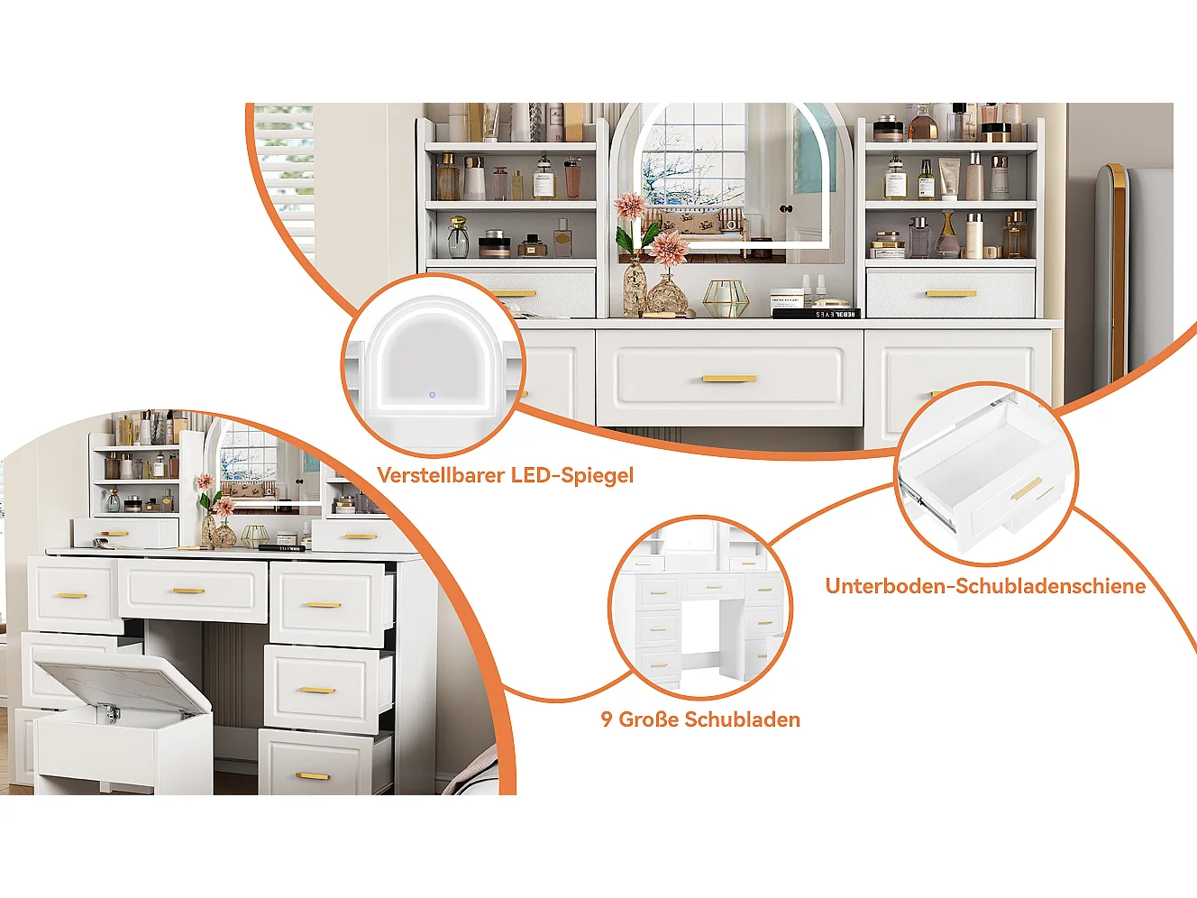 Coiffeuse avec miroir,coiffeuses avec éclairage LED,avec 9 tiroirs,coiffeuse,blanche