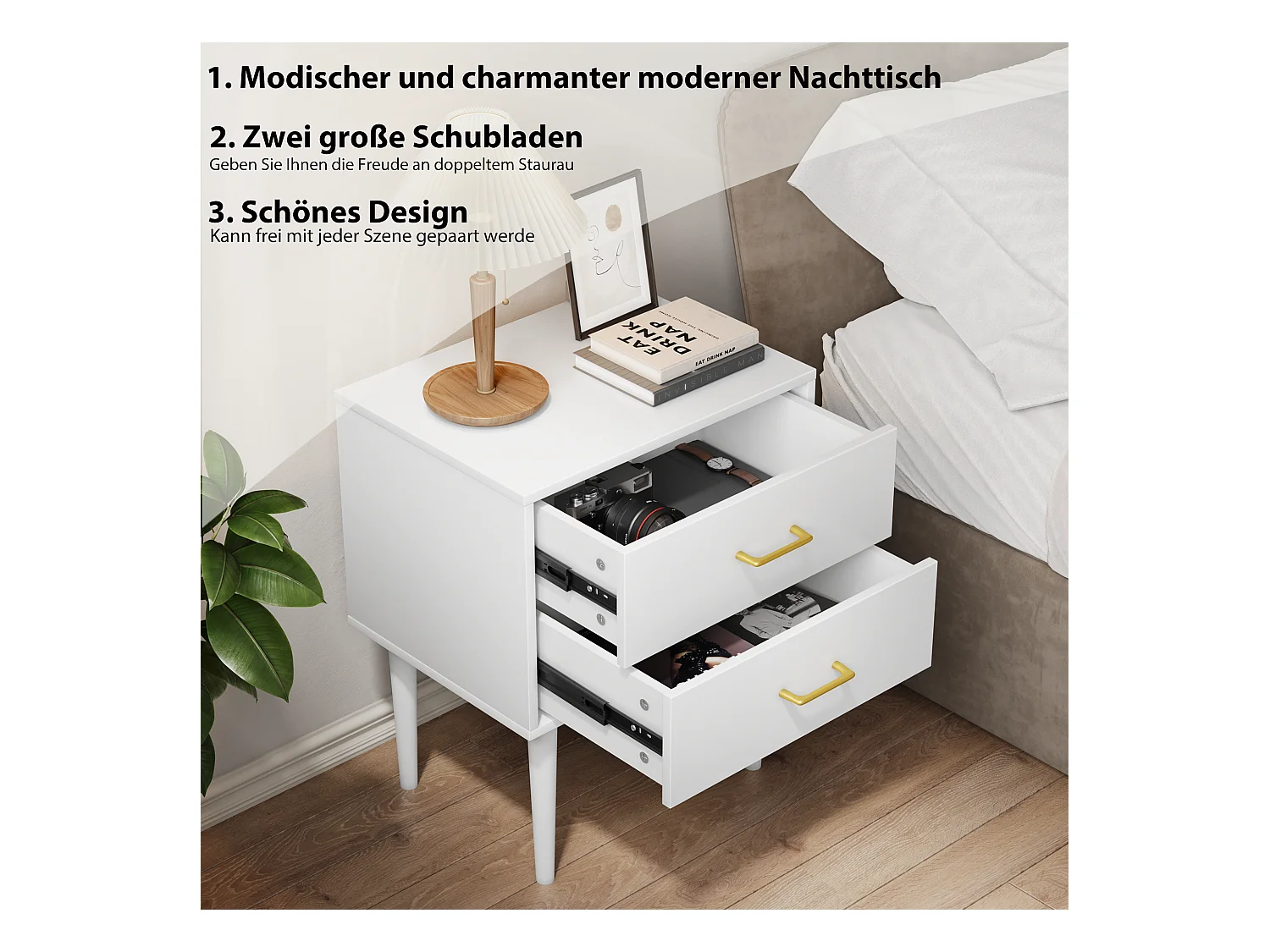 Weißer Nachttisch mit 2 Schubladen, Schlafzimmer-Nachttisch, moderner Nachttisch
