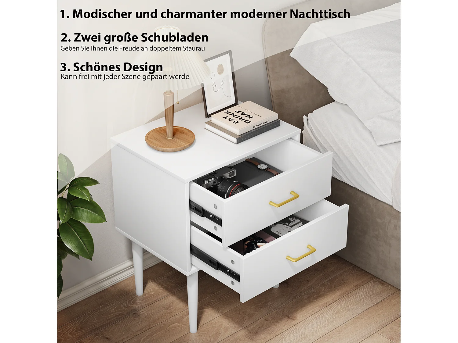 Weißer Nachttisch mit 2 Schubladen, Schlafzimmer-Nachttisch, moderner Nachttisch