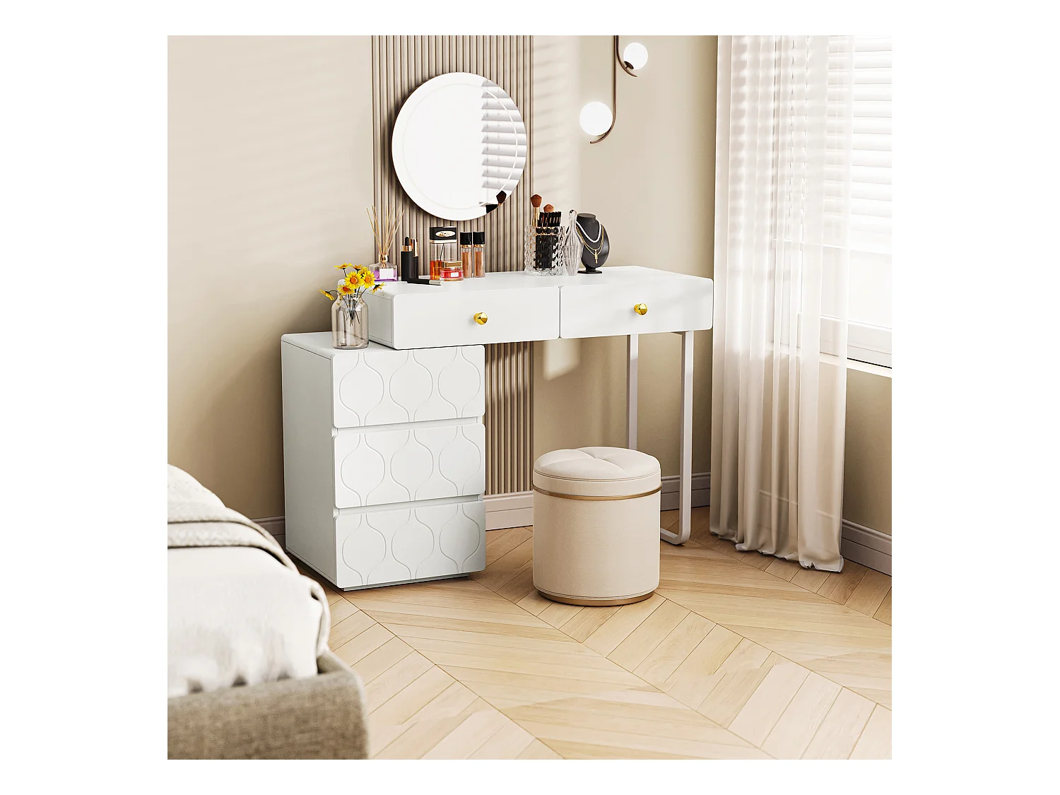 Coiffeuse,5 tiroirs,sans miroir ni tabouret,caisson et pieds interchangeables gauche