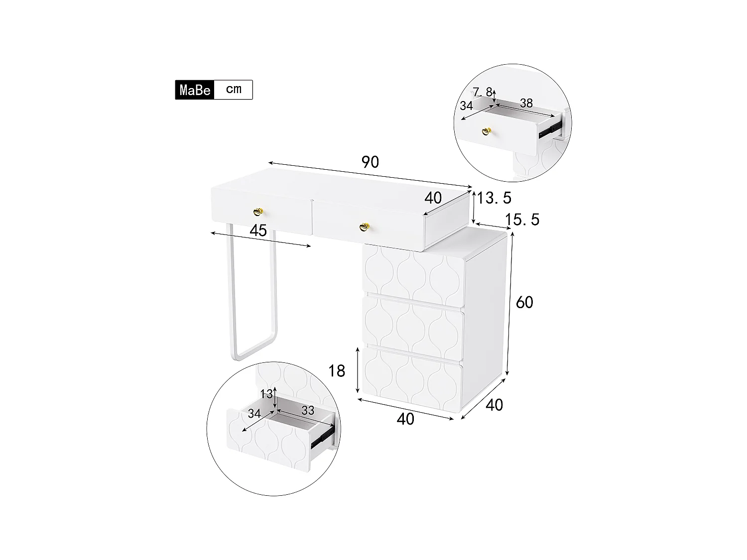 Coiffeuse,5 tiroirs,sans miroir ni tabouret,caisson et pieds interchangeables gauche