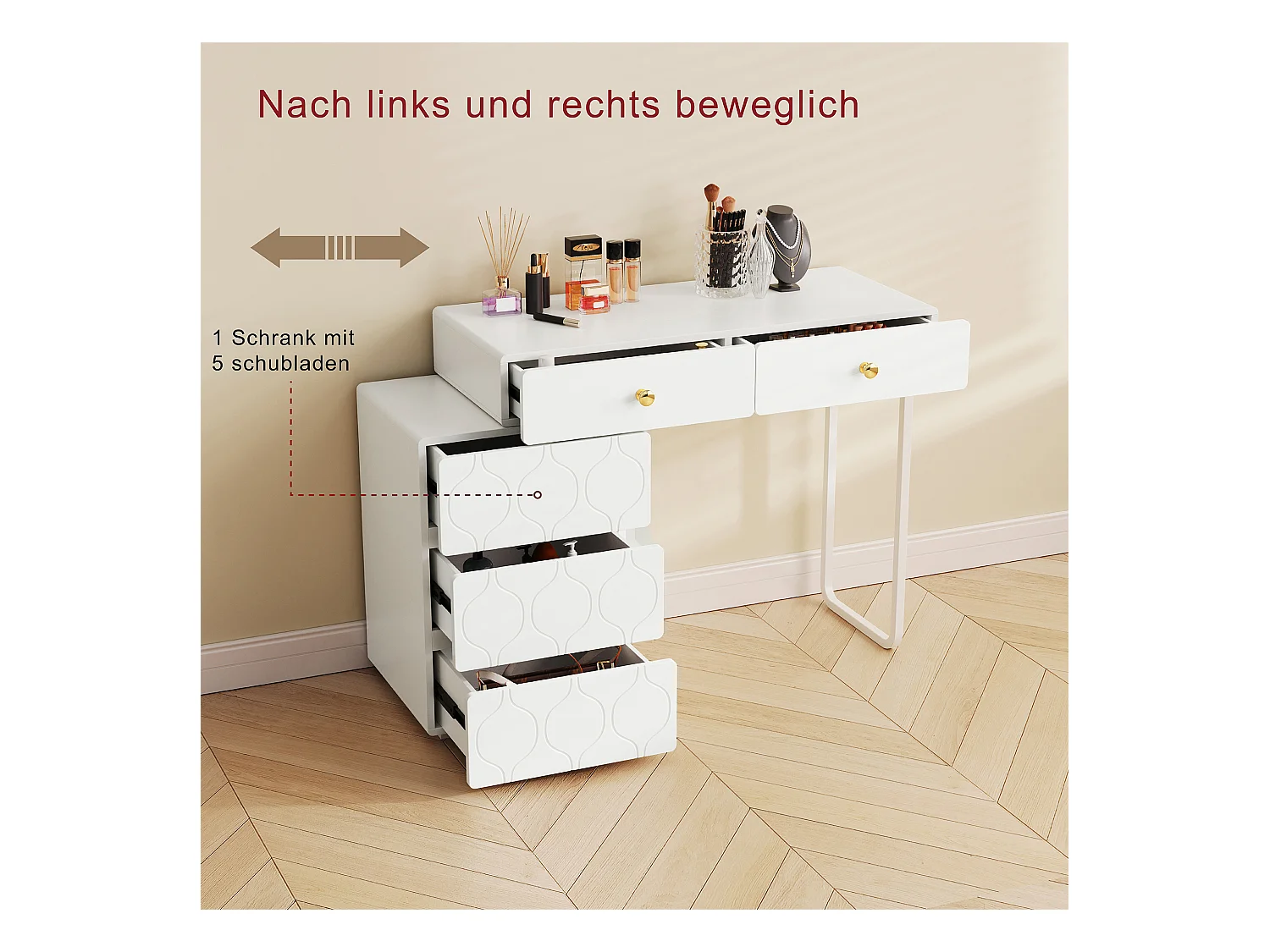 Schminktisch mit 5 Schubladen, ohne Spiegel und Hocker, austauschbarem Unterschrank und linken Beinen