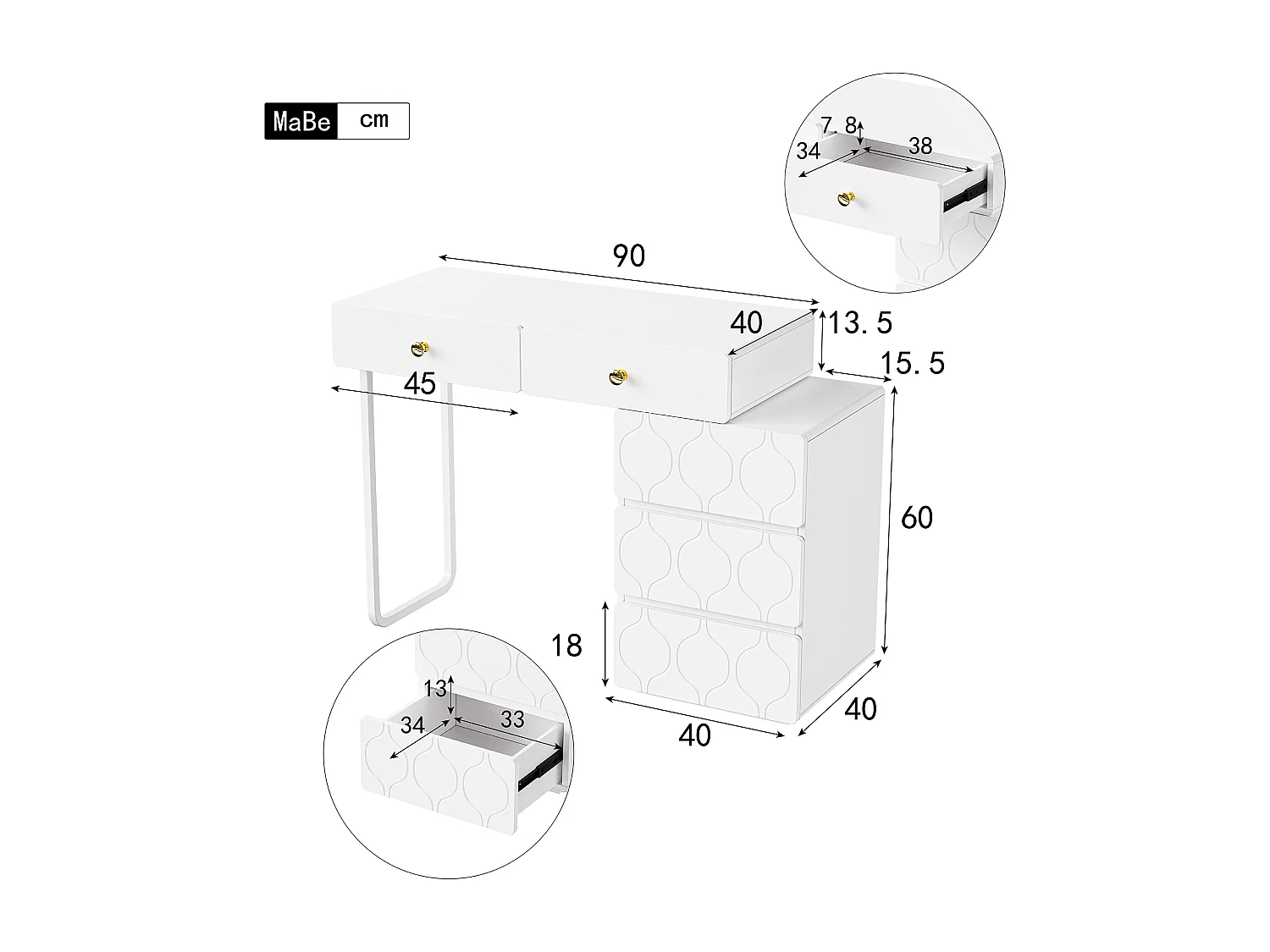Schminktisch mit 5 Schubladen, ohne Spiegel und Hocker, austauschbarem Unterschrank und linken Beinen
