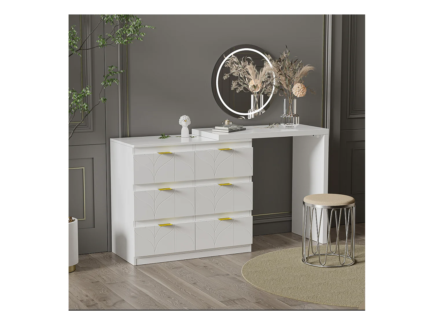 Coiffeuse avec table d'appoint,table de bureau avec 6 tiroirs,poignées plaquées or